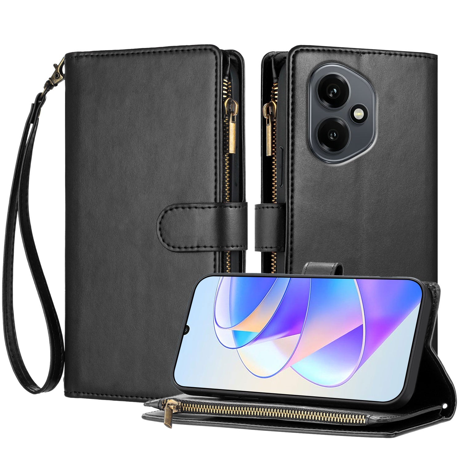 For Honor 400 5G (Global) Leather Case Zipper Wallet Stand Shockproof Phone Cover with Wrist Strap