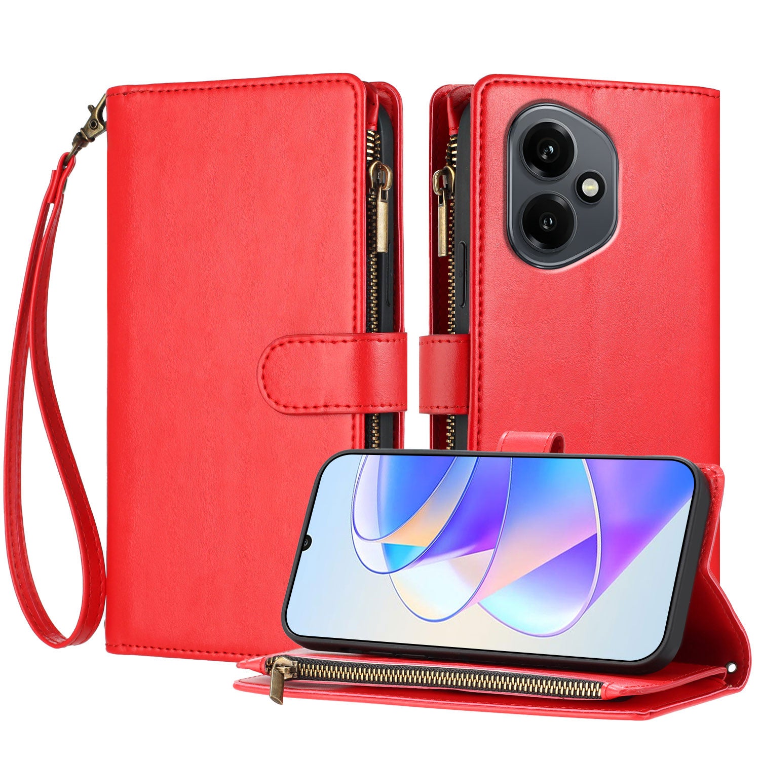 For Honor 400 5G (Global) Leather Case Zipper Wallet Stand Shockproof Phone Cover with Wrist Strap