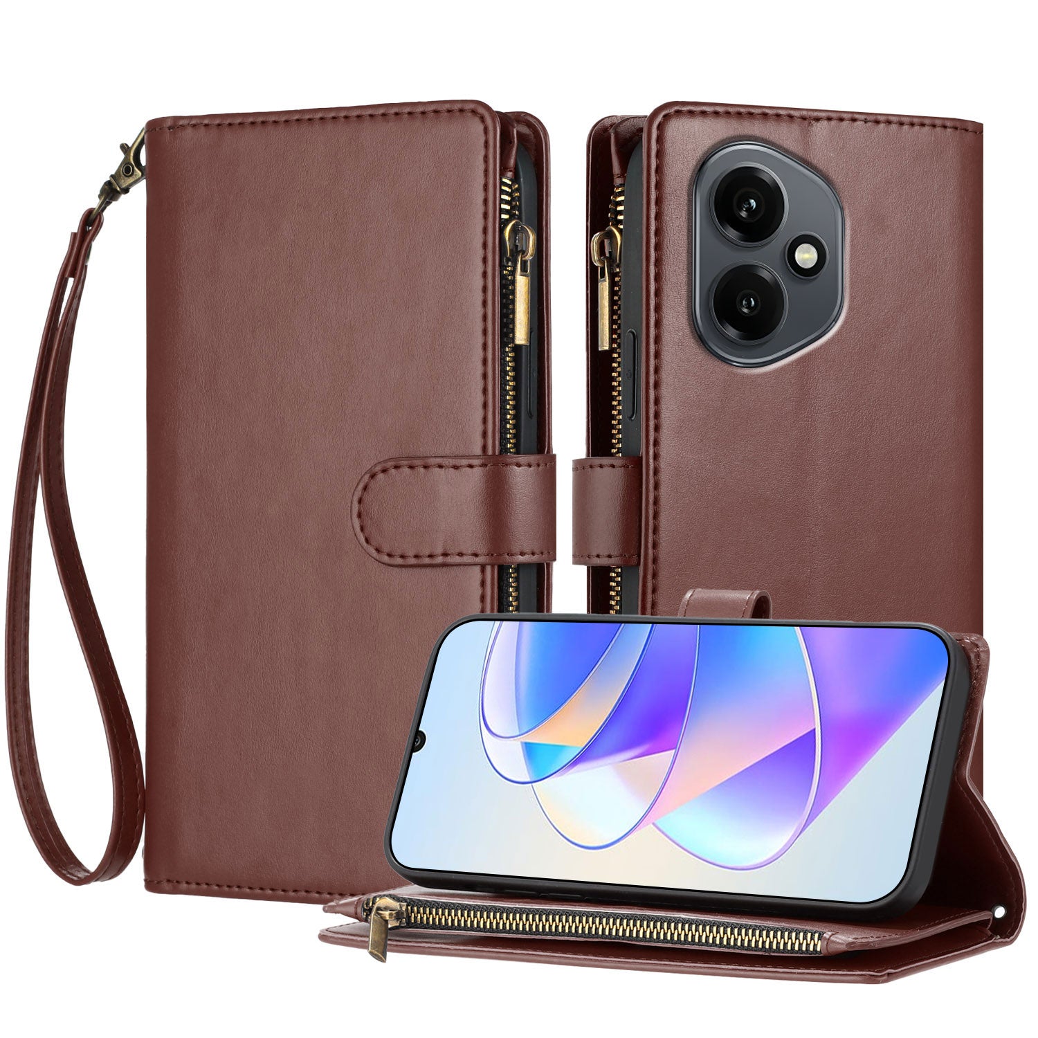 For Honor 400 5G (Global) Leather Case Zipper Wallet Stand Shockproof Phone Cover with Wrist Strap
