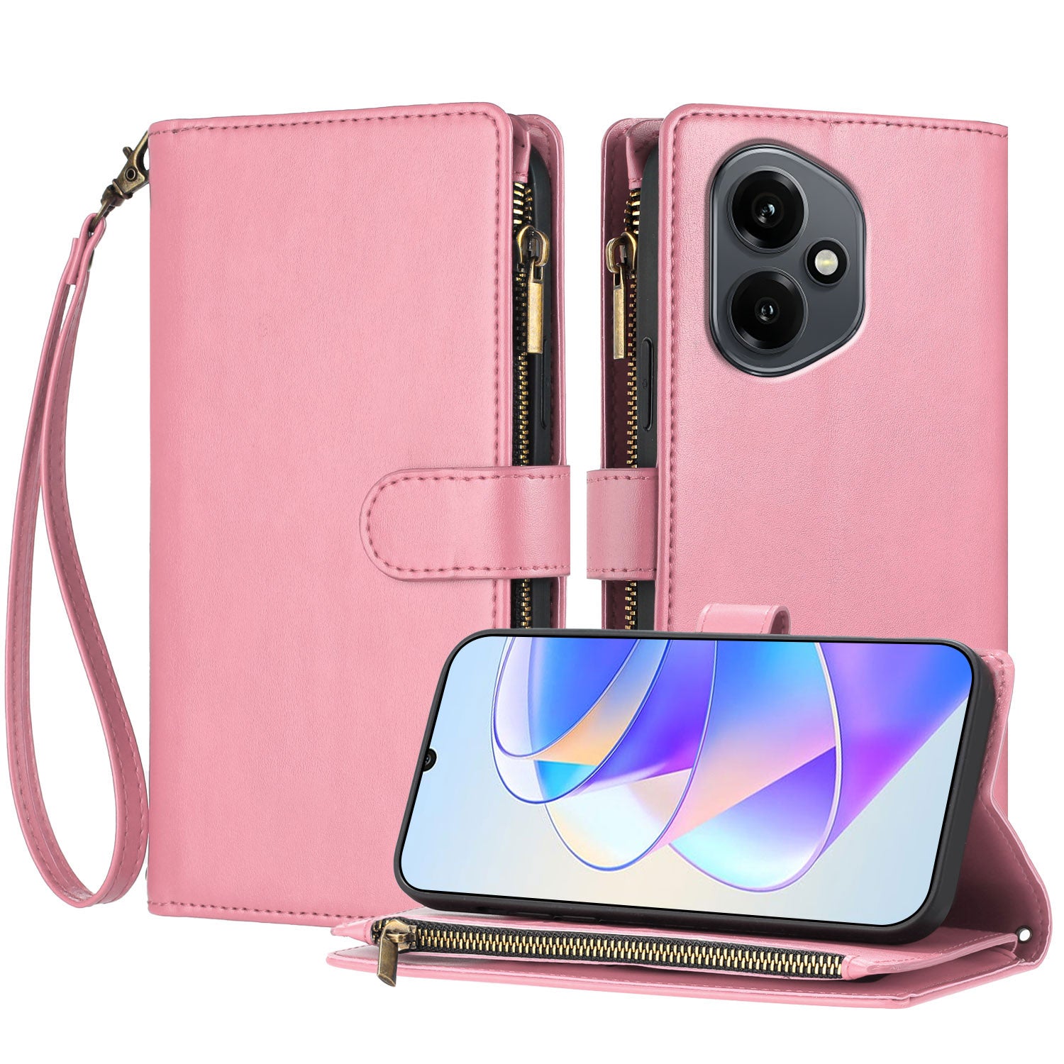 For Honor 400 5G (Global) Leather Case Zipper Wallet Stand Shockproof Phone Cover with Wrist Strap