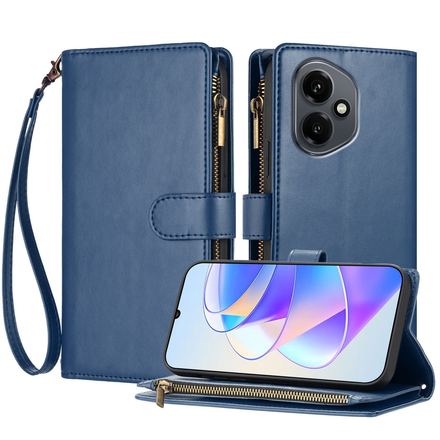 For Honor 400 5G (Global) Leather Case Zipper Wallet Stand Shockproof Phone Cover with Wrist Strap