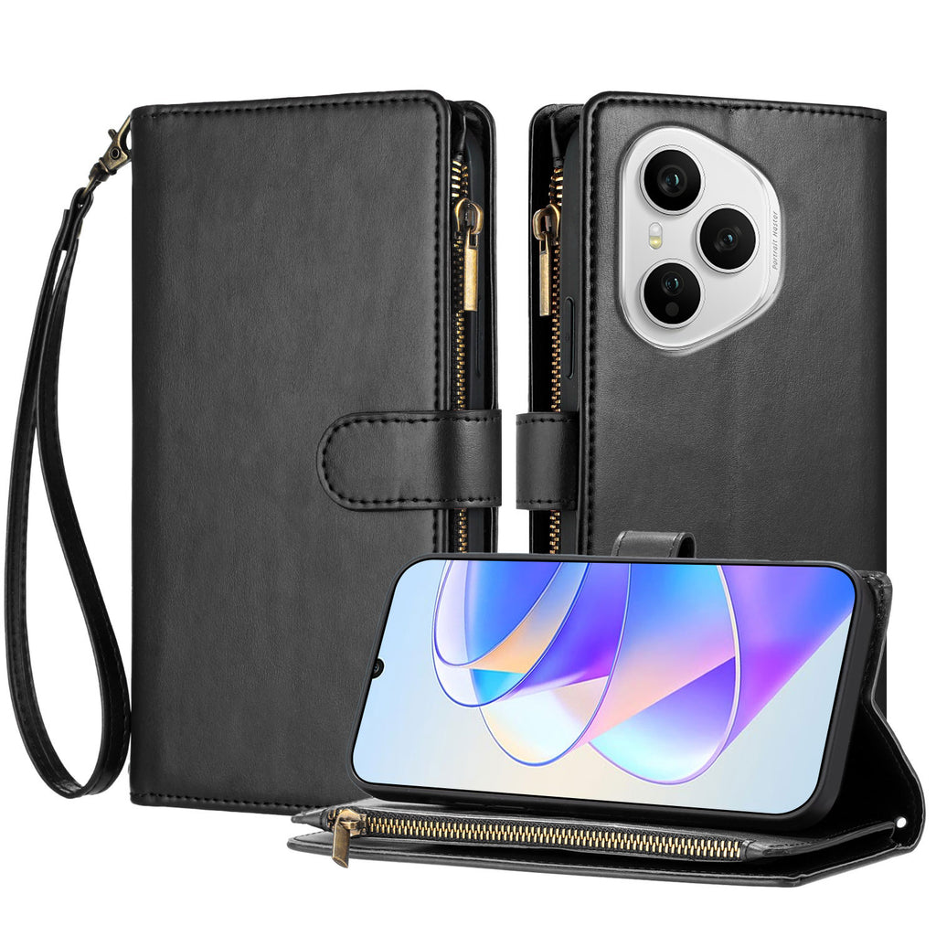 For Honor 400 Pro 5G (Global) Leather Case Zipper Wallet Stand Shockproof Phone Cover with Wrist Strap