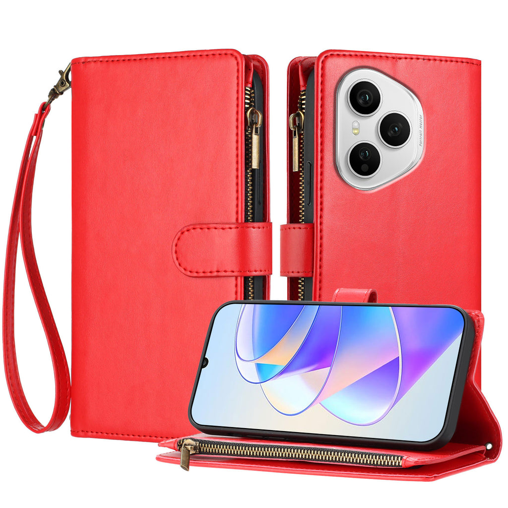 Funda de piel para Honor 400 Pro 5G (Global) con cremallera, tipo cartera, con soporte, resistente a golpes y correa de muñeca.