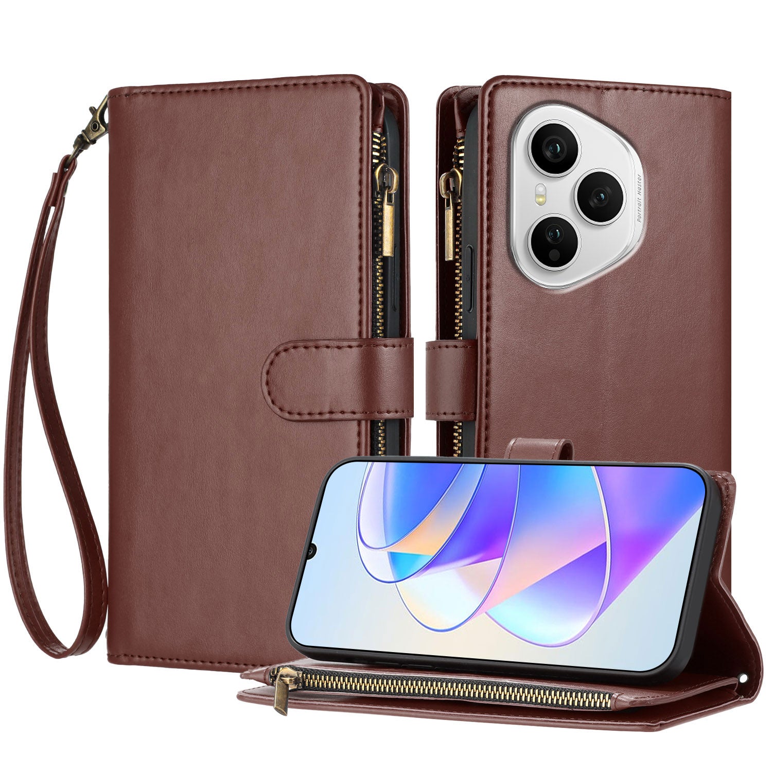 For Honor 400 Pro 5G (Global) Leather Case Zipper Wallet Stand Shockproof Phone Cover with Wrist Strap