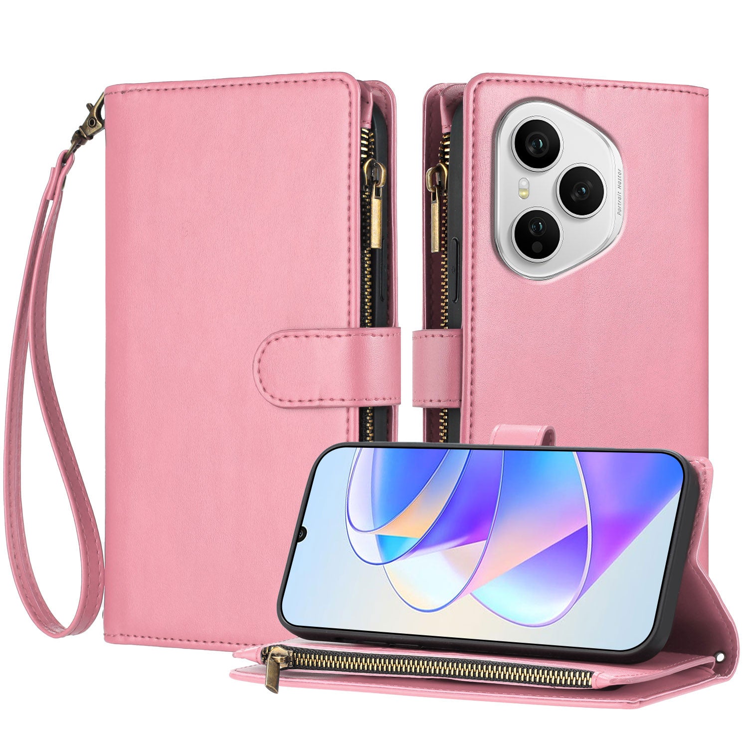 For Honor 400 Pro 5G (Global) Leather Case Zipper Wallet Stand Shockproof Phone Cover with Wrist Strap