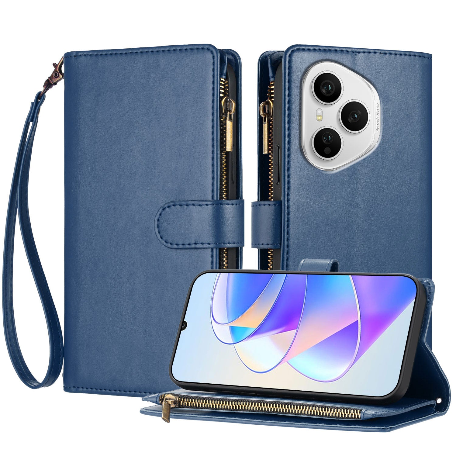 For Honor 400 Pro 5G (Global) Leather Case Zipper Wallet Stand Shockproof Phone Cover with Wrist Strap