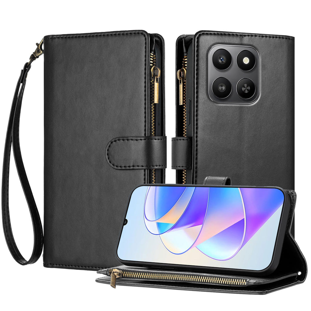 For Honor 400 Smart 4G / Honor X7d 4G / Honor X7d 5G / Honor 400 Smart 5G Leather Case Zipper Wallet Stand Shockproof Phone Cover with Wrist Strap