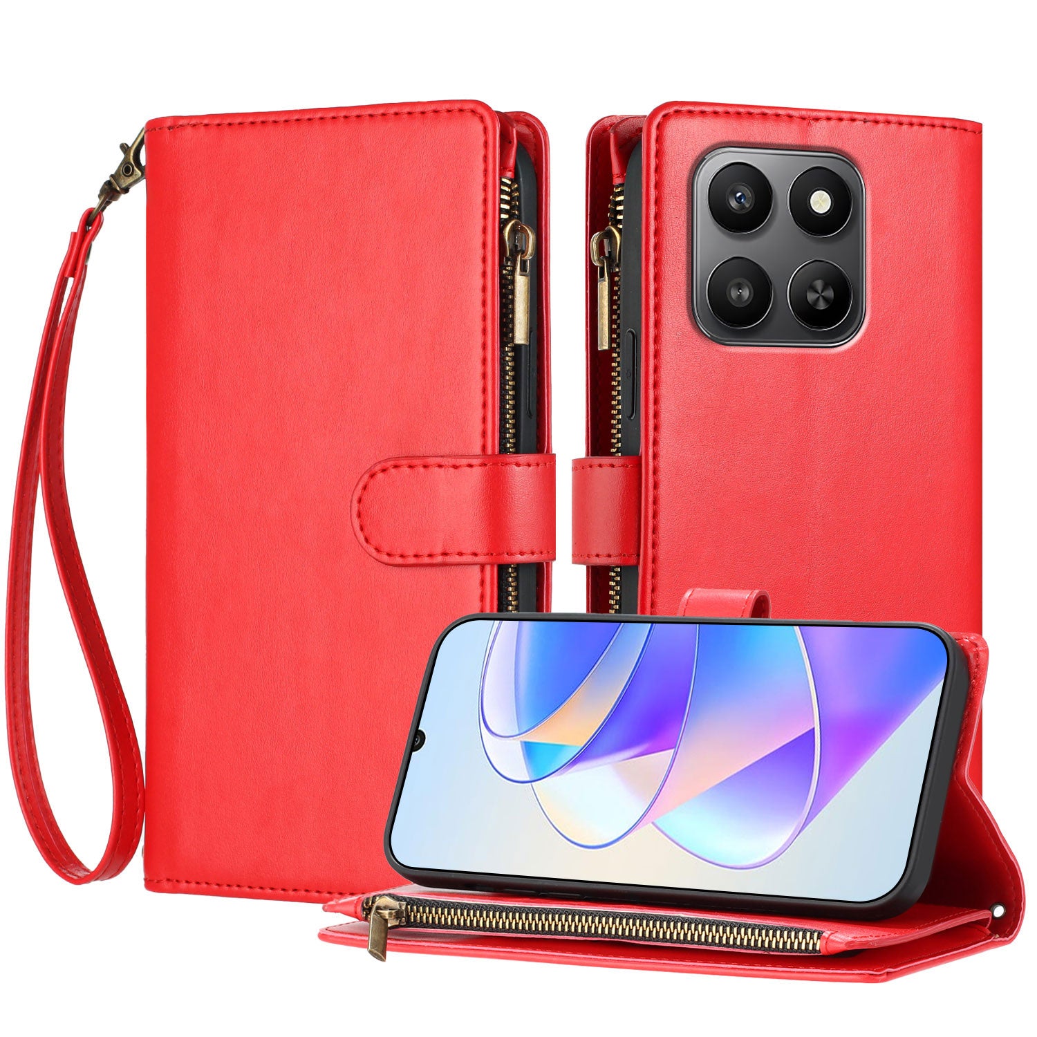 For Honor 400 Smart 4G / Honor X7d 4G / Honor X7d 5G / Honor 400 Smart 5G Leather Case Zipper Wallet Stand Shockproof Phone Cover with Wrist Strap