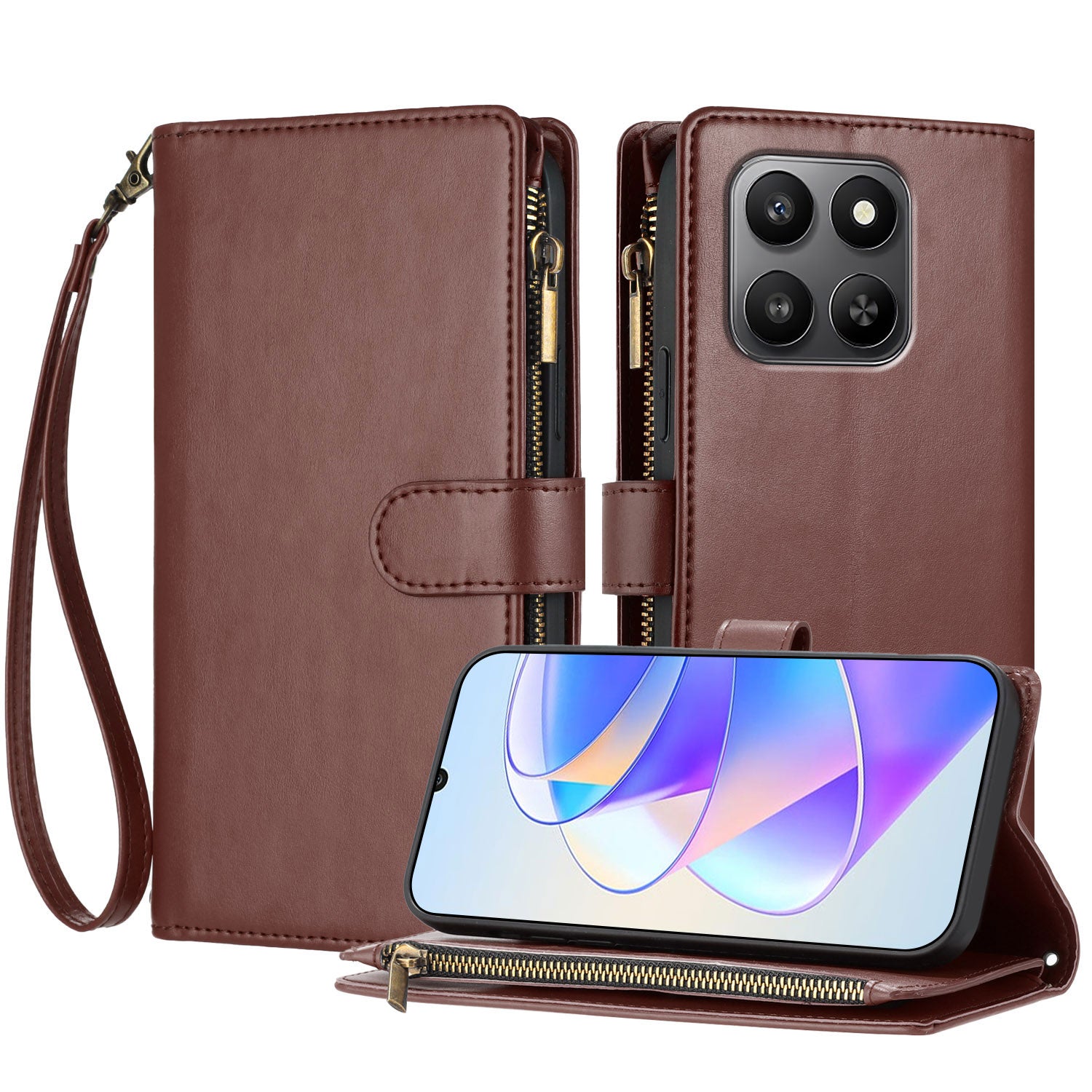 For Honor 400 Smart 4G / Honor X7d 4G / Honor X7d 5G / Honor 400 Smart 5G Leather Case Zipper Wallet Stand Shockproof Phone Cover with Wrist Strap