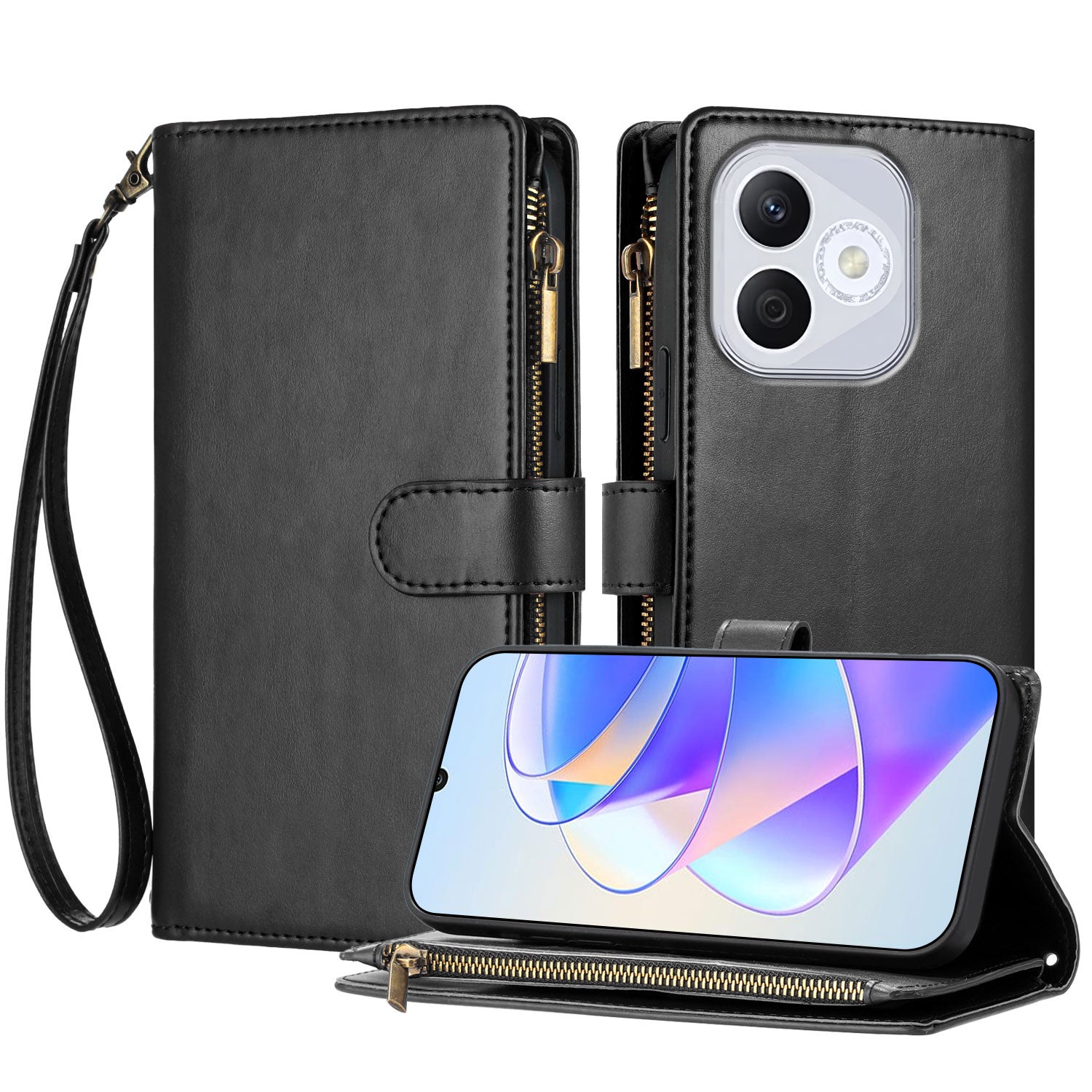 For Honor 400 Lite 5G Leather Case Zipper Wallet Stand Shockproof Phone Cover with Wrist Strap
