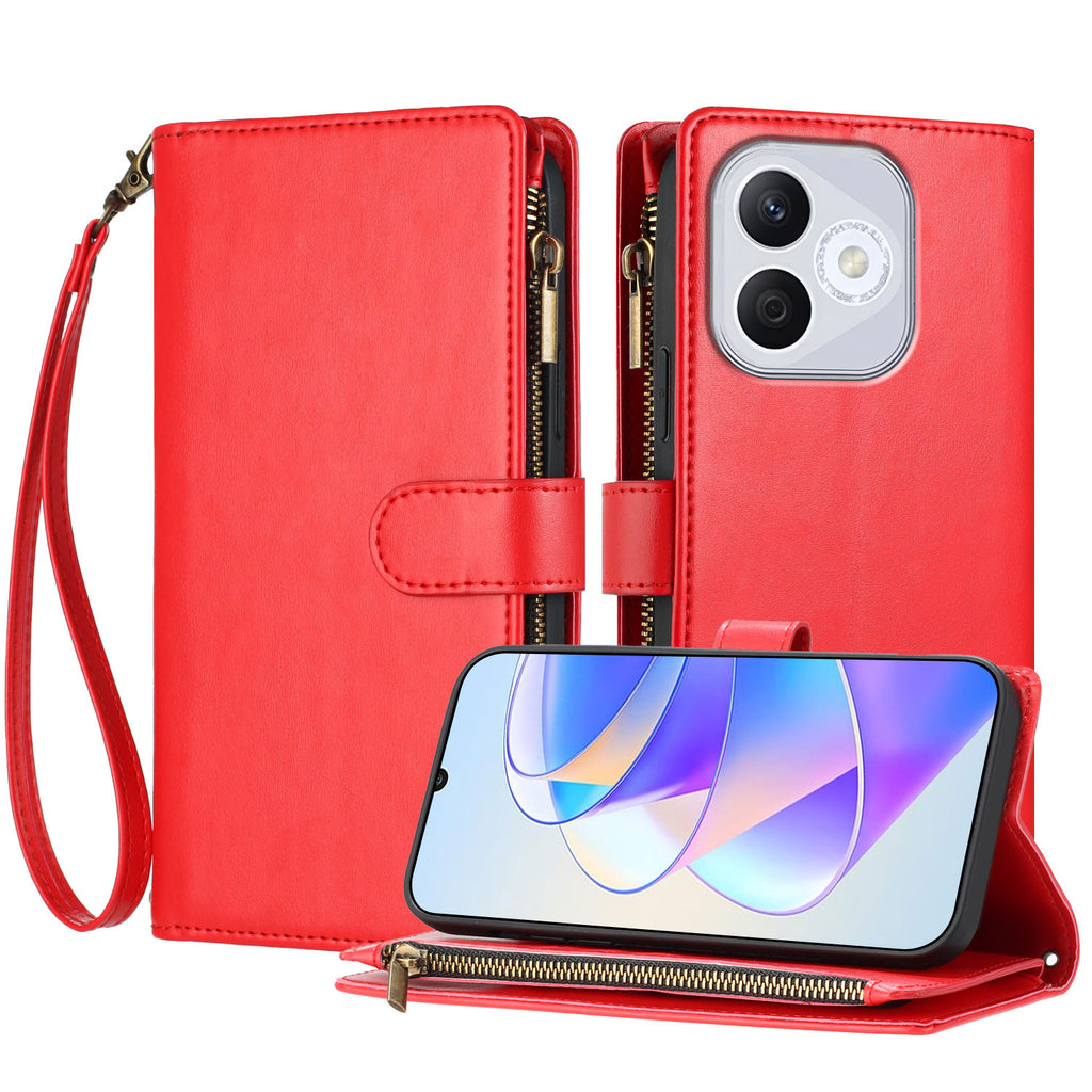 For Honor 400 Lite 5G Leather Case Zipper Wallet Stand Shockproof Phone Cover with Wrist Strap