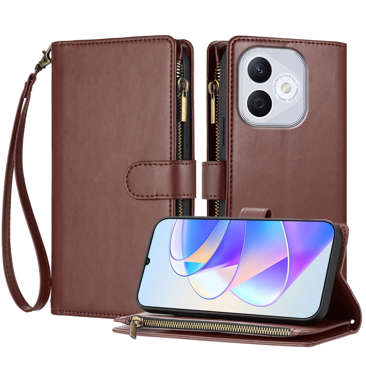 For Honor 400 Lite 5G Leather Case Zipper Wallet Stand Shockproof Phone Cover with Wrist Strap