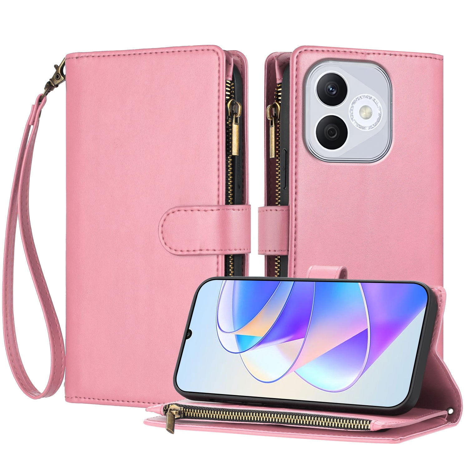 For Honor 400 Lite 5G Leather Case Zipper Wallet Stand Shockproof Phone Cover with Wrist Strap