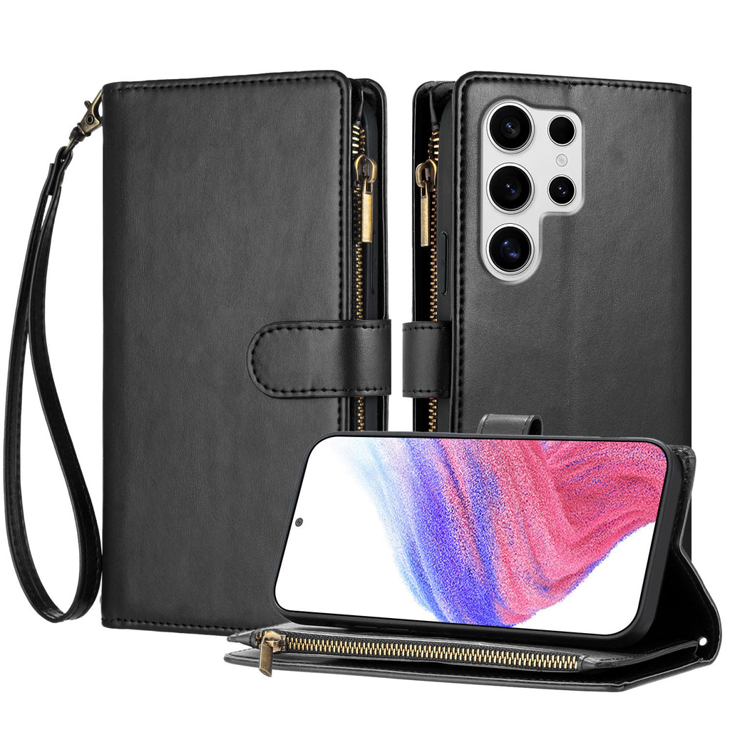 For Samsung Galaxy S25 Ultra Leather Case Zipper Wallet Stand Shockproof Phone Cover with Wrist Strap