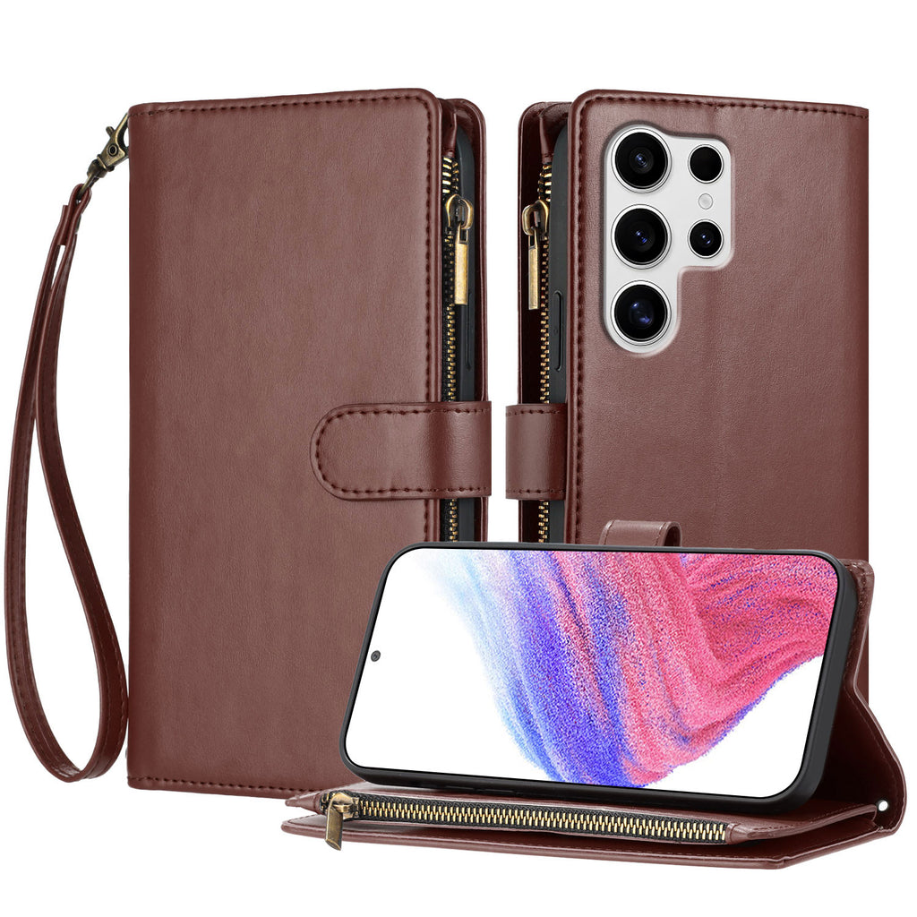 For Samsung Galaxy S25 Ultra Leather Case Zipper Wallet Stand Shockproof Phone Cover with Wrist Strap