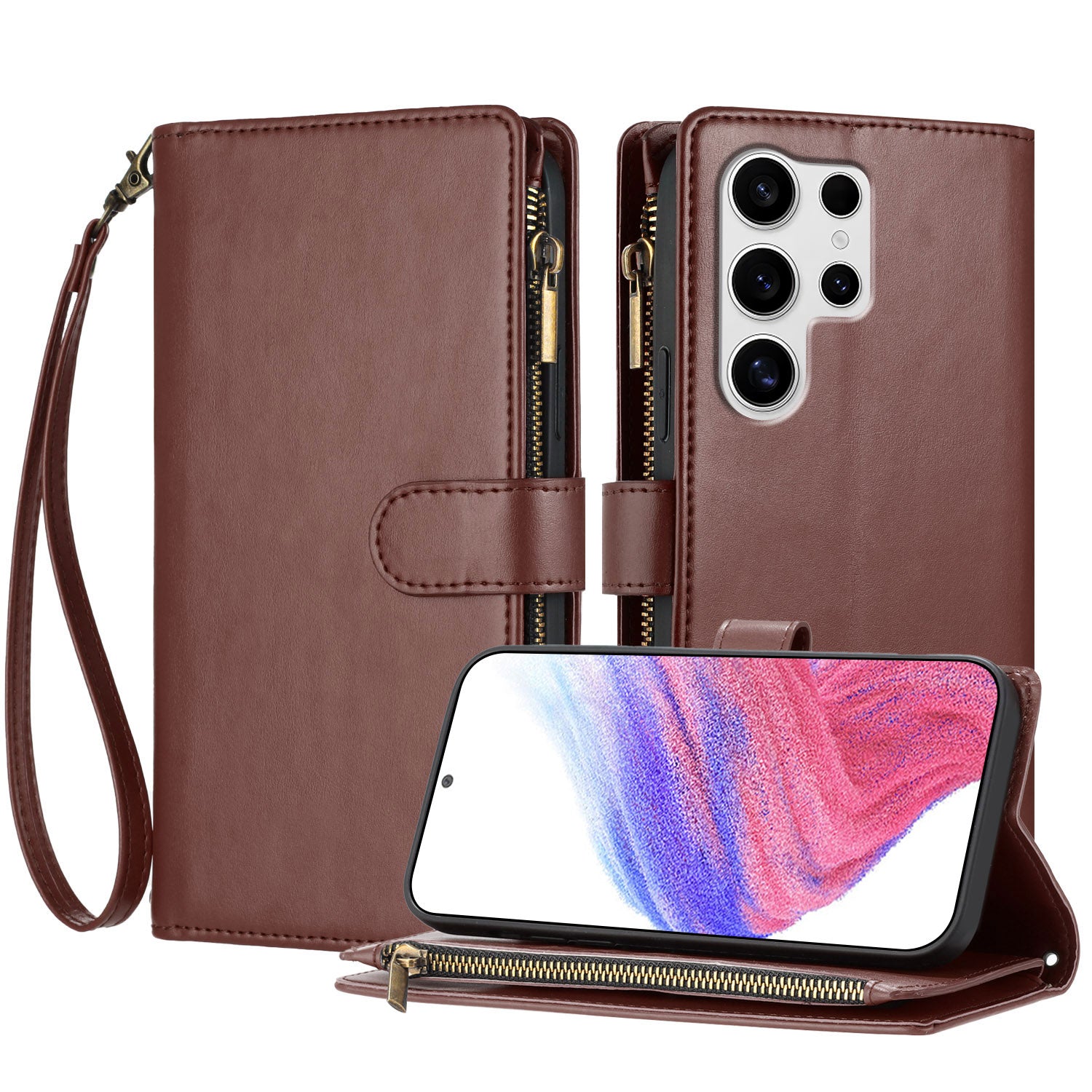 For Samsung Galaxy S25 Ultra Leather Case Zipper Wallet Stand Shockproof Phone Cover with Wrist Strap