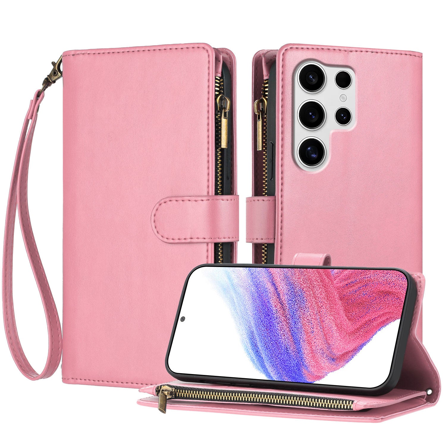 For Samsung Galaxy S25 Ultra Leather Case Zipper Wallet Stand Shockproof Phone Cover with Wrist Strap