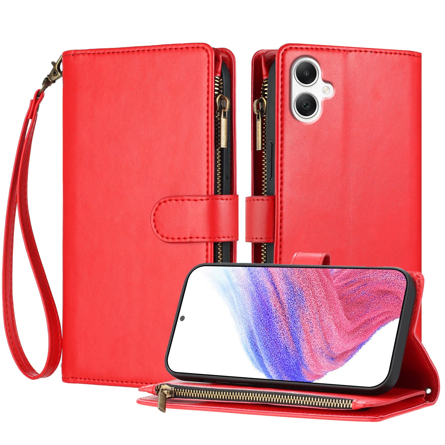 For Samsung Galaxy A07 5G / Galaxy A06 4G / Galaxy A06 5G / Galaxy A07 4G Leather Case Zipper Wallet Stand Shockproof Phone Cover with Wrist Strap