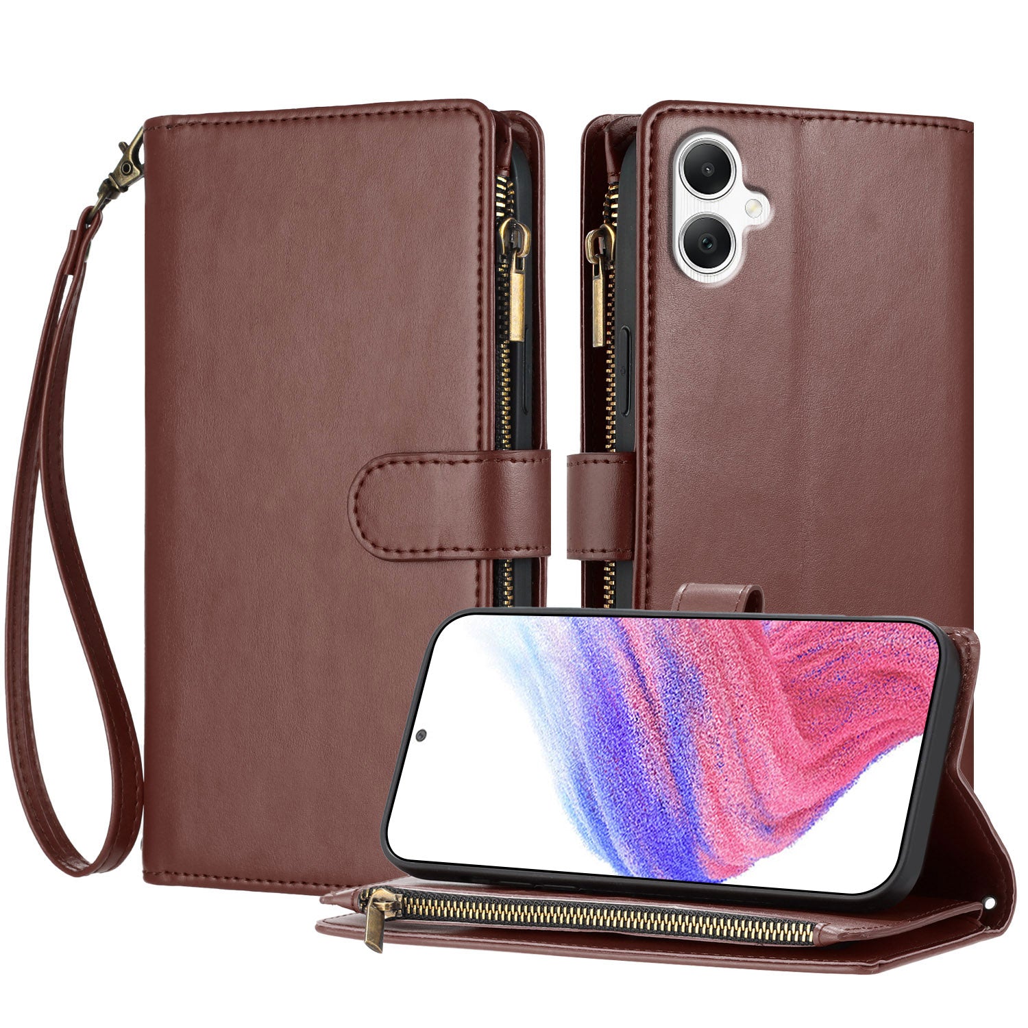 For Samsung Galaxy A07 5G / Galaxy A06 4G / Galaxy A06 5G / Galaxy A07 4G Leather Case Zipper Wallet Stand Shockproof Phone Cover with Wrist Strap