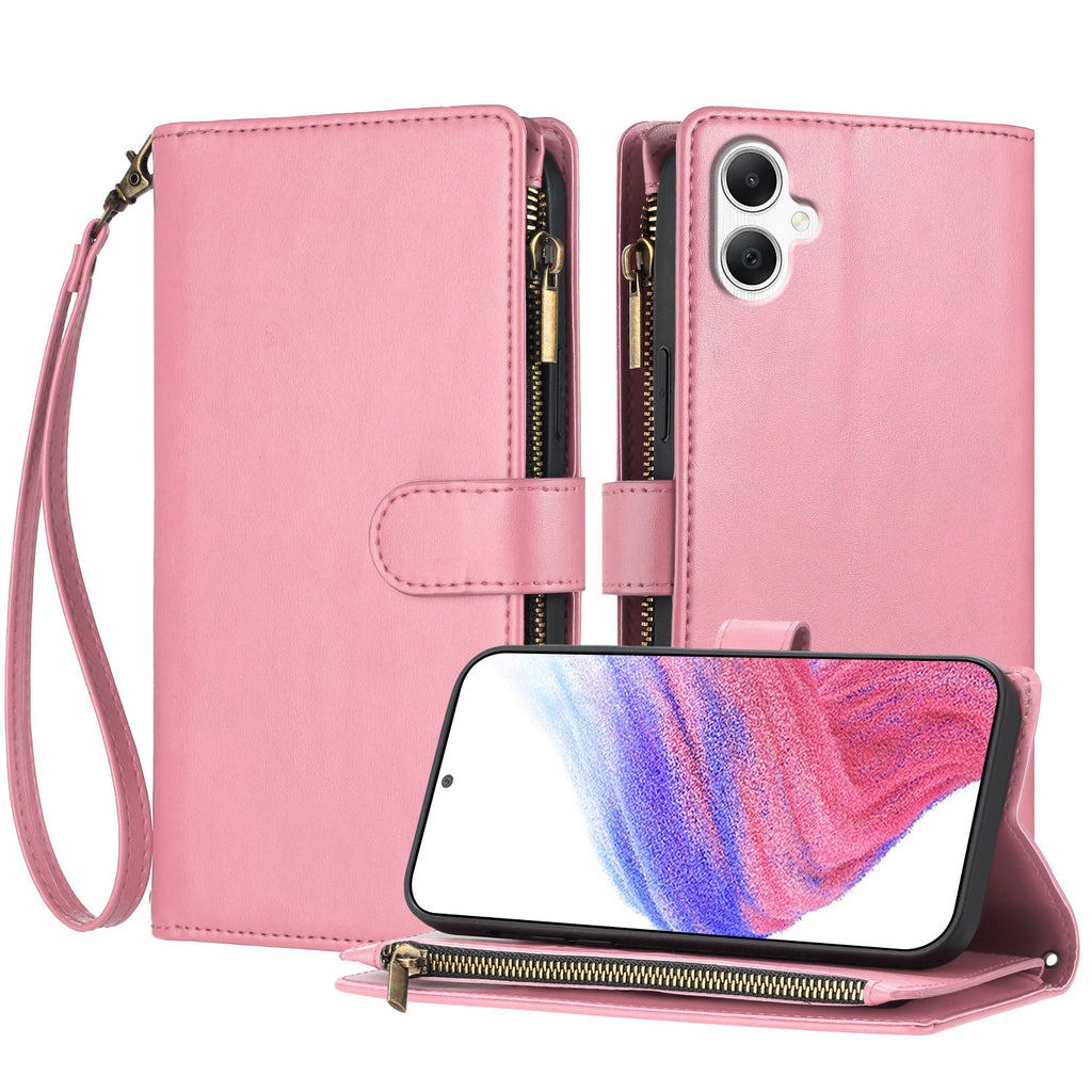 Funda de piel con cremallera, tipo cartera, con soporte, resistente a golpes y correa de muñeca para Samsung Galaxy A07 5G / Galaxy A06 4G / Galaxy A06 5G / Galaxy A07 4G