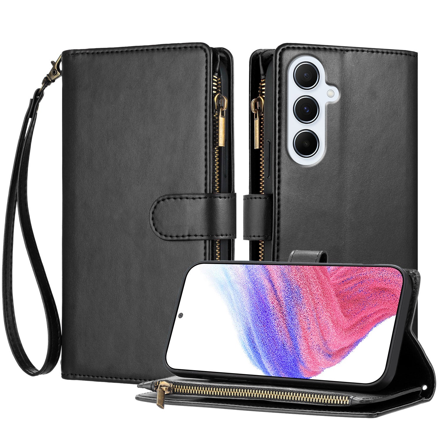 For Samsung Galaxy A36 5G / Galaxy A56 5G Leather Case Zipper Wallet Stand Shockproof Phone Cover with Wrist Strap
