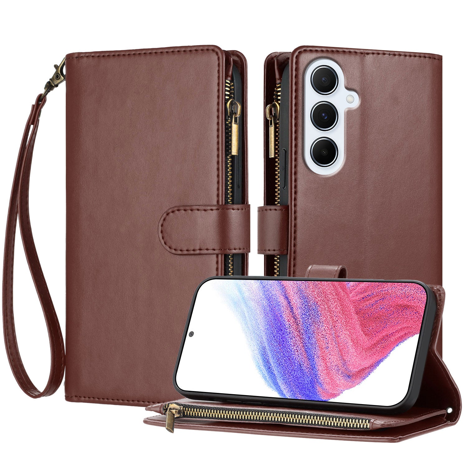 For Samsung Galaxy A36 5G / Galaxy A56 5G Leather Case Zipper Wallet Stand Shockproof Phone Cover with Wrist Strap