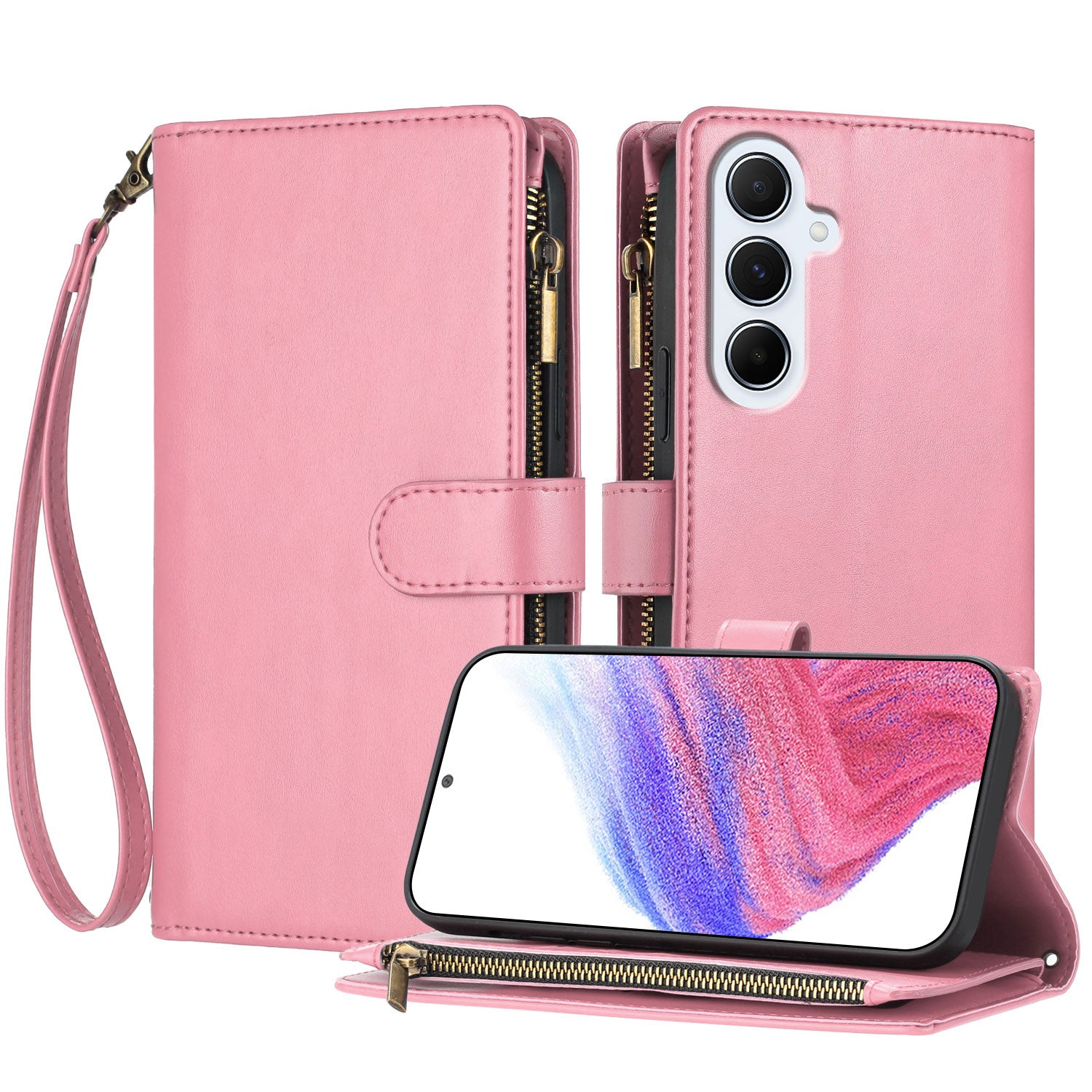 For Samsung Galaxy A36 5G / Galaxy A56 5G Leather Case Zipper Wallet Stand Shockproof Phone Cover with Wrist Strap