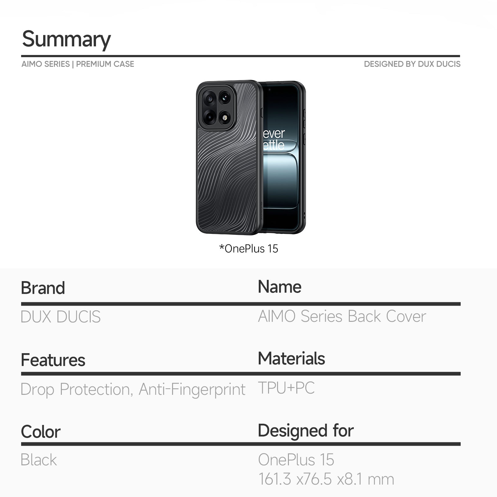 For OnePlus 15 5G Case DUX DUCIS Aimo Series TPU+PC Matte Drop-proof Phone Cover (REACH Certification)