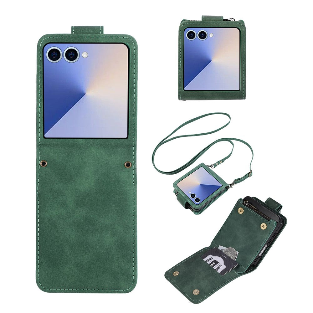 For Samsung Galaxy Z Flip7 5G Case Zipper Multi-Pocket Wallet Leather Phone Cover with Shoulder and Wrist Straps