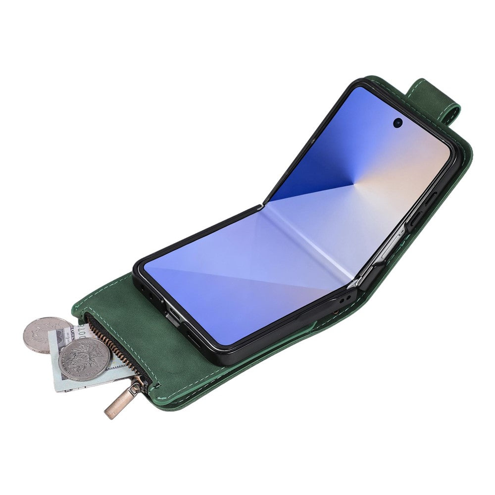 For Samsung Galaxy Z Flip7 5G Case Zipper Multi-Pocket Wallet Leather Phone Cover with Shoulder and Wrist Straps