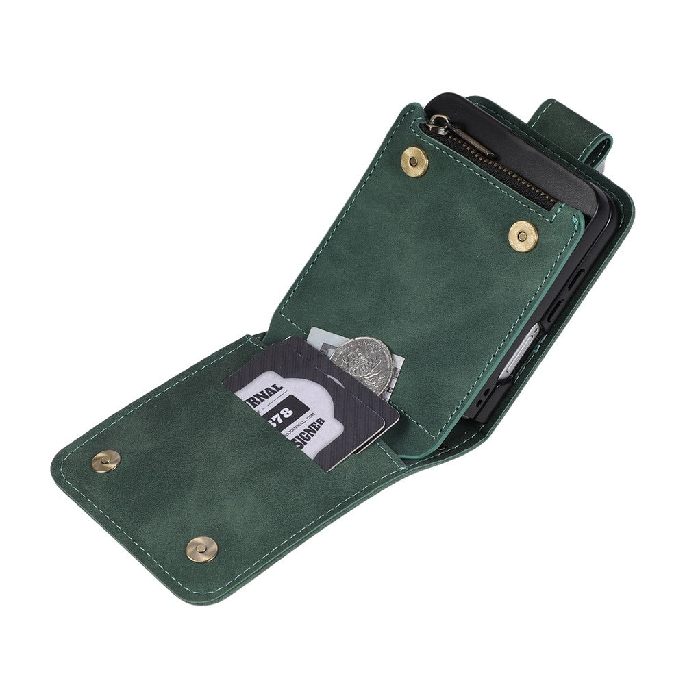 For Samsung Galaxy Z Flip7 5G Case Zipper Multi-Pocket Wallet Leather Phone Cover with Shoulder and Wrist Straps