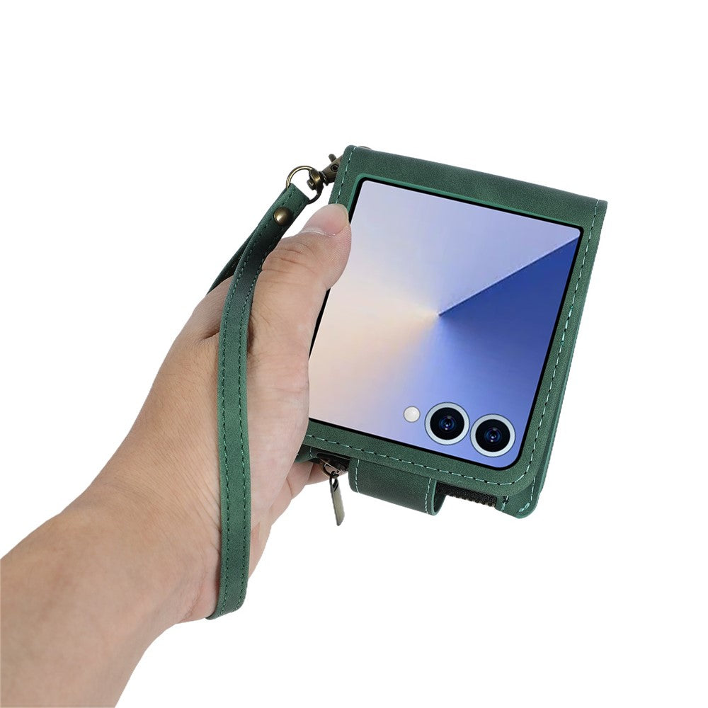 For Samsung Galaxy Z Flip7 5G Case Zipper Multi-Pocket Wallet Leather Phone Cover with Shoulder and Wrist Straps