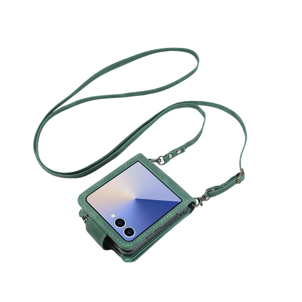 For Samsung Galaxy Z Flip7 5G Case Zipper Multi-Pocket Wallet Leather Phone Cover with Shoulder and Wrist Straps