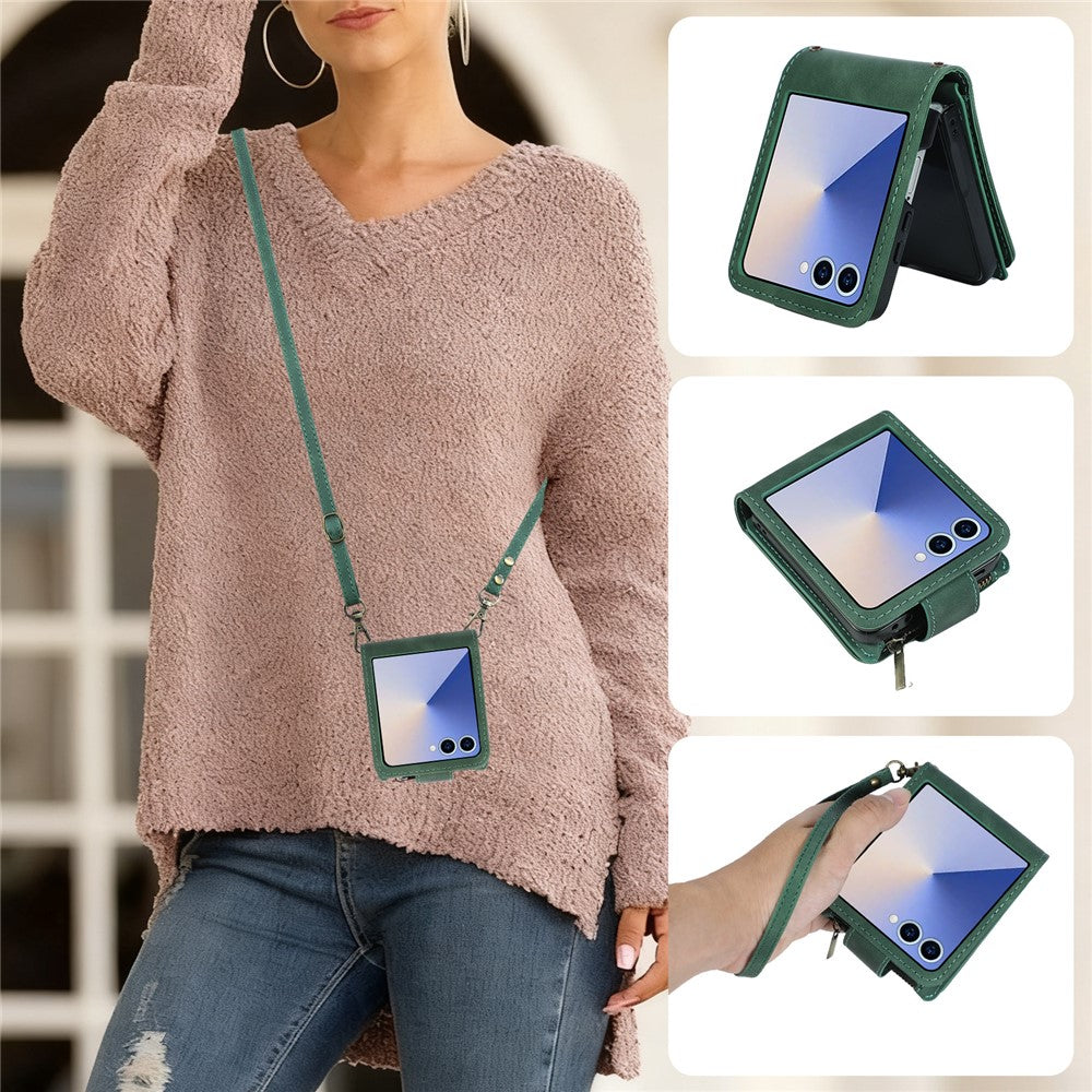 For Samsung Galaxy Z Flip7 5G Case Zipper Multi-Pocket Wallet Leather Phone Cover with Shoulder and Wrist Straps