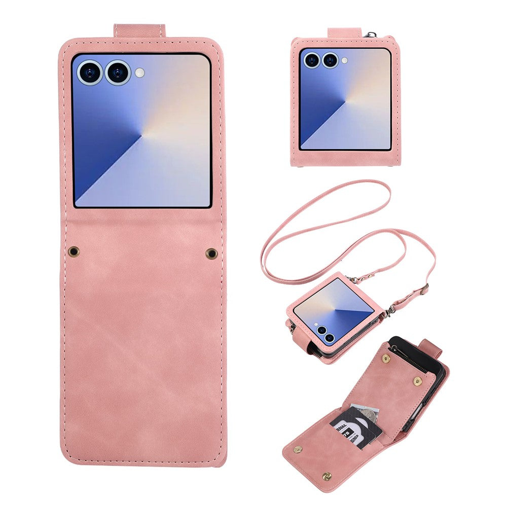 For Samsung Galaxy Z Flip7 5G Case Zipper Multi-Pocket Wallet Leather Phone Cover with Shoulder and Wrist Straps