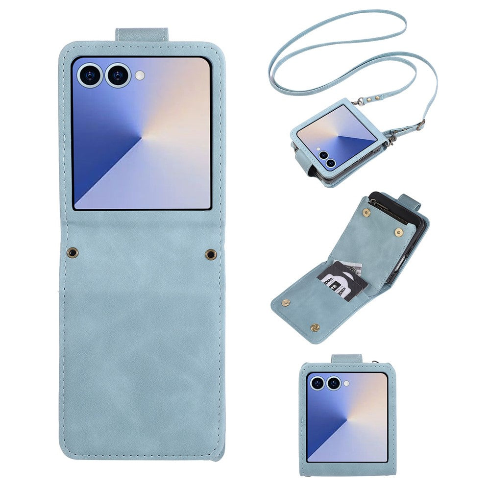 For Samsung Galaxy Z Flip7 5G Case Zipper Multi-Pocket Wallet Leather Phone Cover with Shoulder and Wrist Straps