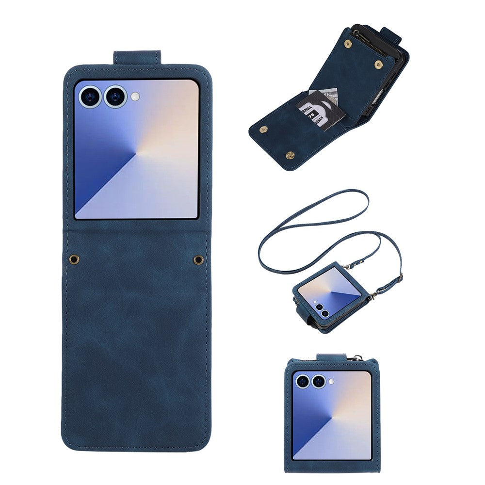 For Samsung Galaxy Z Flip7 5G Case Zipper Multi-Pocket Wallet Leather Phone Cover with Shoulder and Wrist Straps
