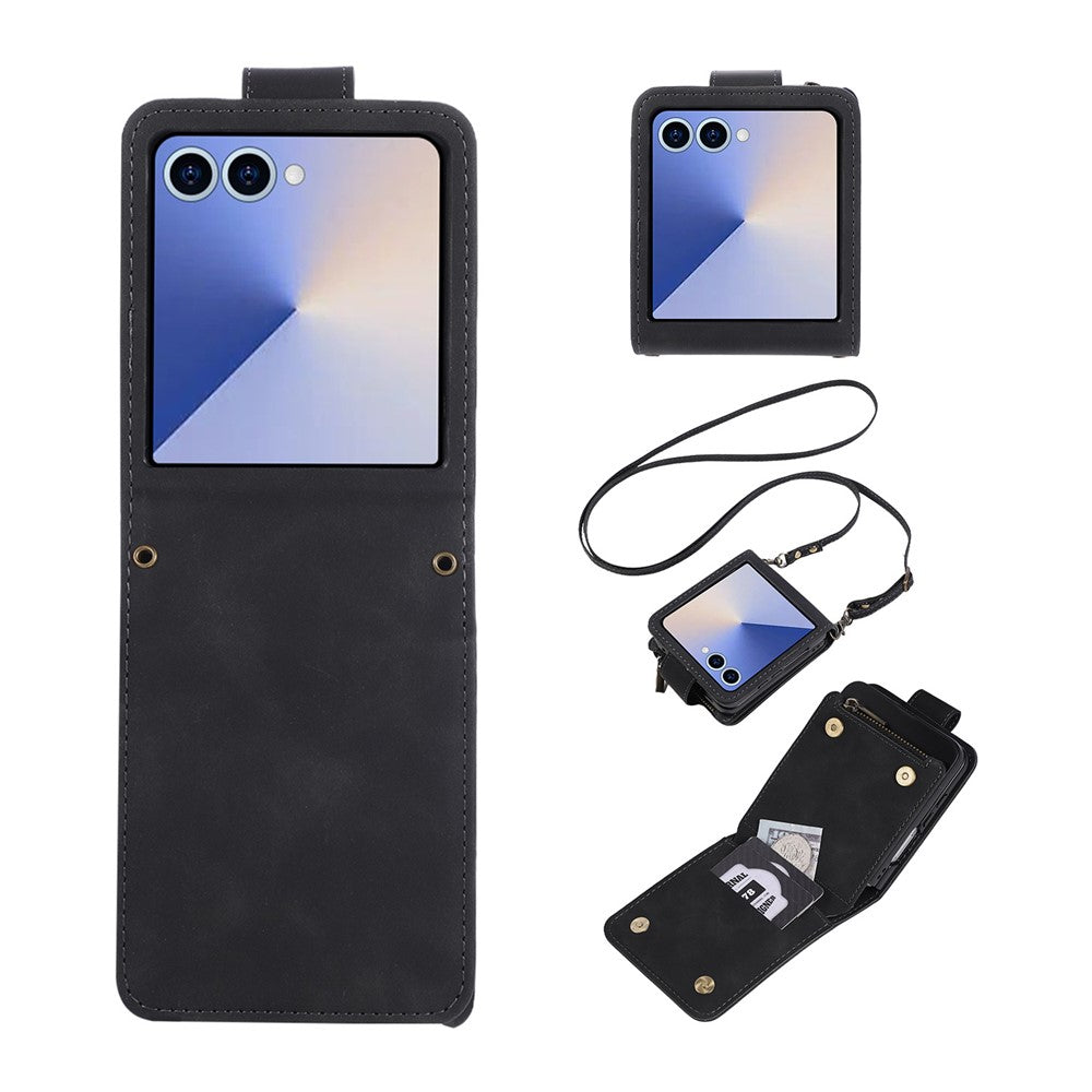 For Samsung Galaxy Z Flip7 5G Case Zipper Multi-Pocket Wallet Leather Phone Cover with Shoulder and Wrist Straps