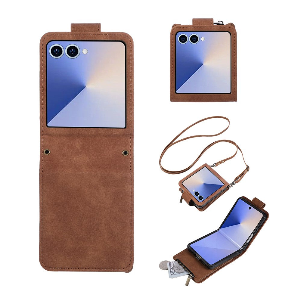 For Samsung Galaxy Z Flip7 5G Case Zipper Multi-Pocket Wallet Leather Phone Cover with Shoulder and Wrist Straps