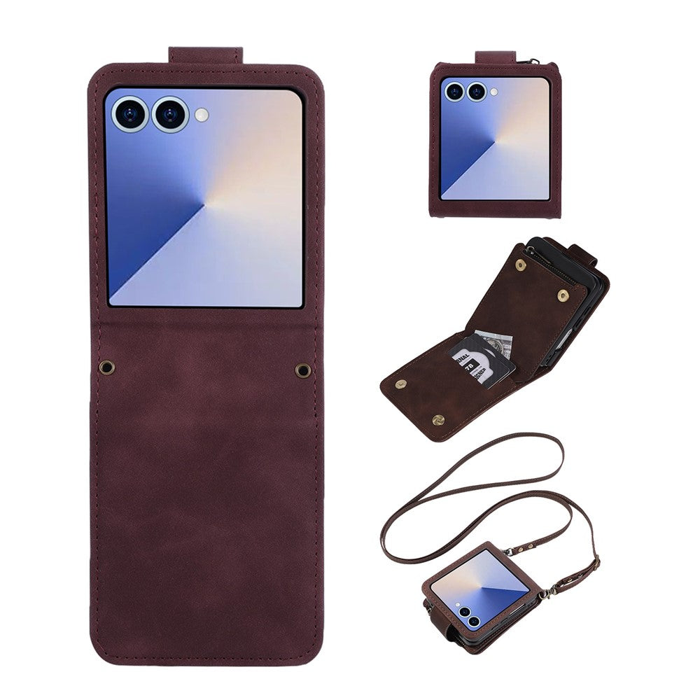 For Samsung Galaxy Z Flip7 5G Case Zipper Multi-Pocket Wallet Leather Phone Cover with Shoulder and Wrist Straps