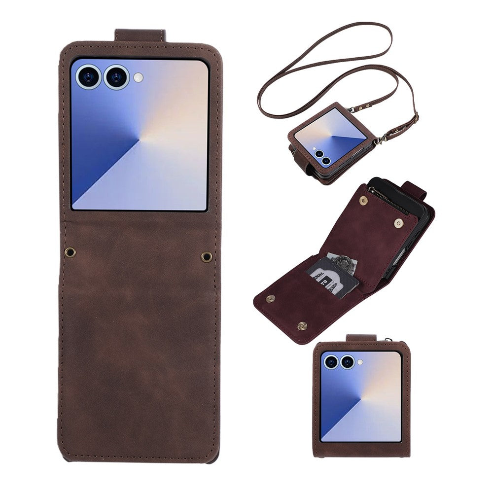 For Samsung Galaxy Z Flip7 5G Case Zipper Multi-Pocket Wallet Leather Phone Cover with Shoulder and Wrist Straps