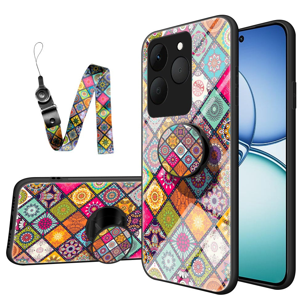 For Realme 15T 5G Case Kickstand Ethnic Pattern Tempered Glass Phone Cover with Strap