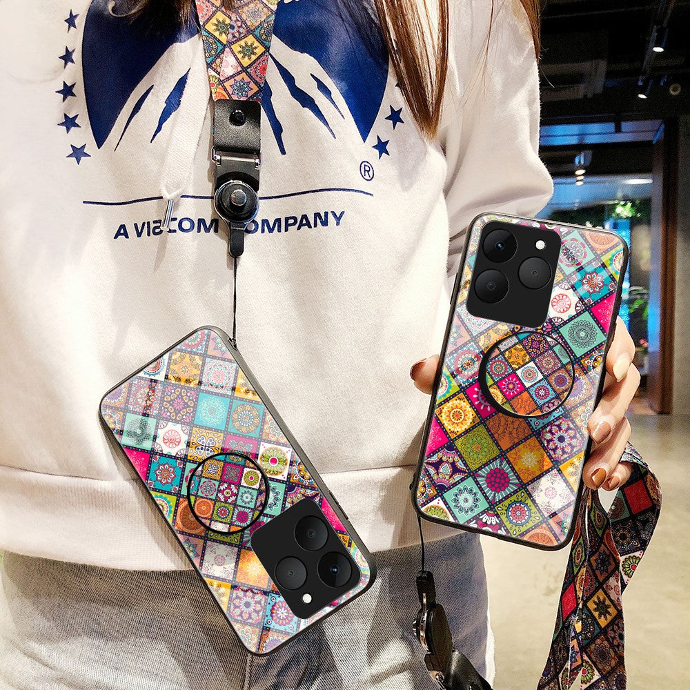 For Realme 15T 5G Case Kickstand Ethnic Pattern Tempered Glass Phone Cover with Strap