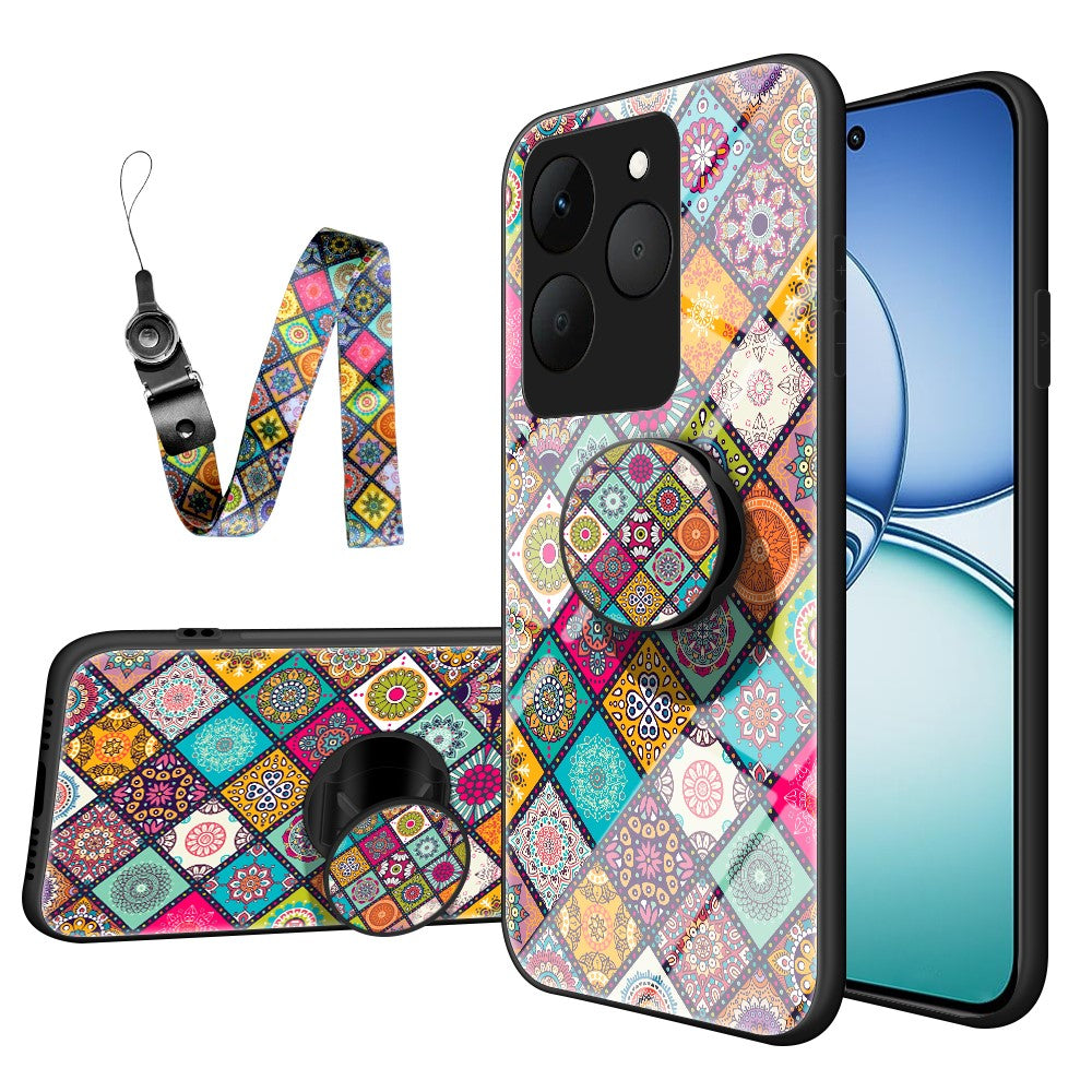 For Realme 15T 5G Case Kickstand Ethnic Pattern Tempered Glass Phone Cover with Strap