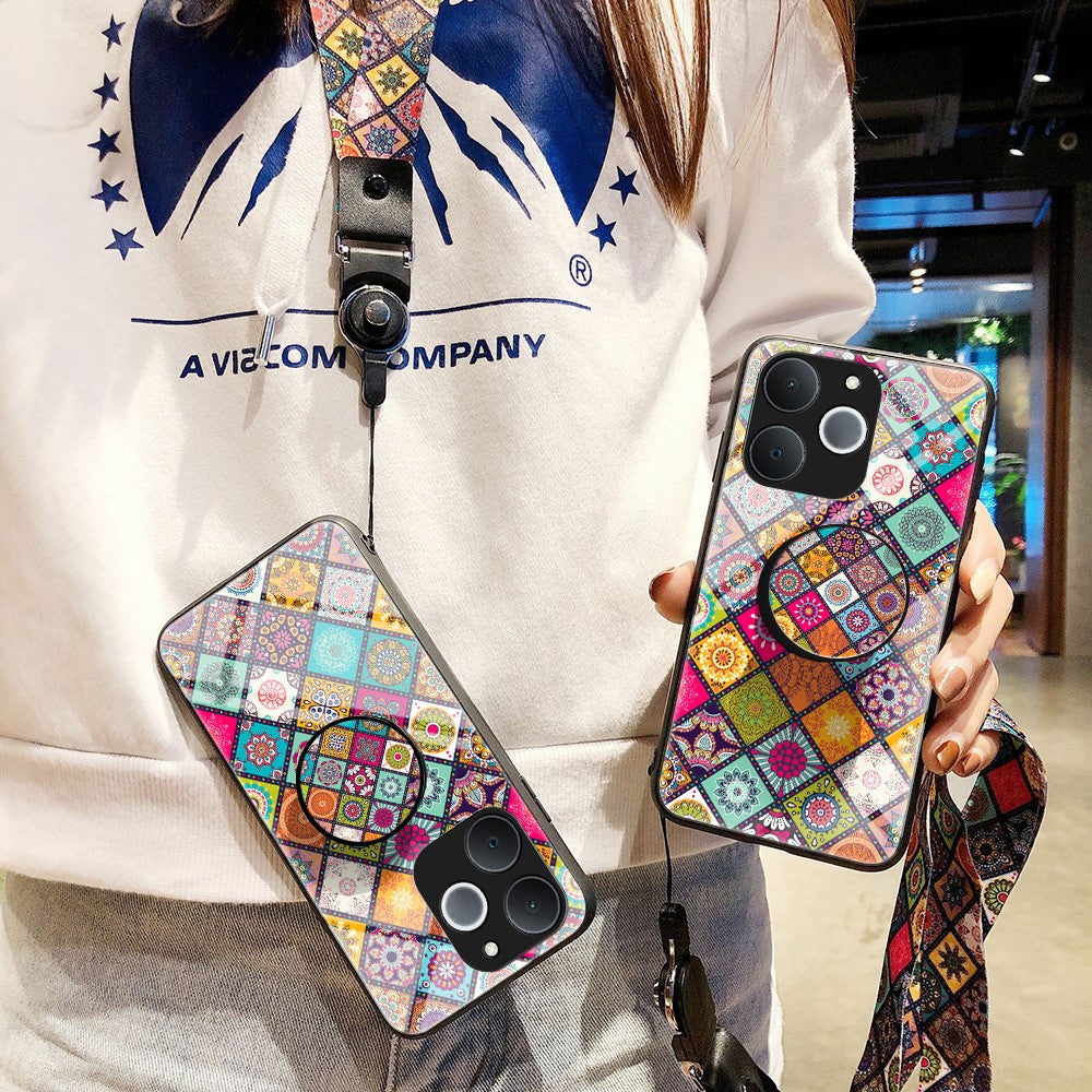 For Realme C71 4G  /  Note 70 4G Case Kickstand Ethnic Pattern Tempered Glass Phone Cover with Strap