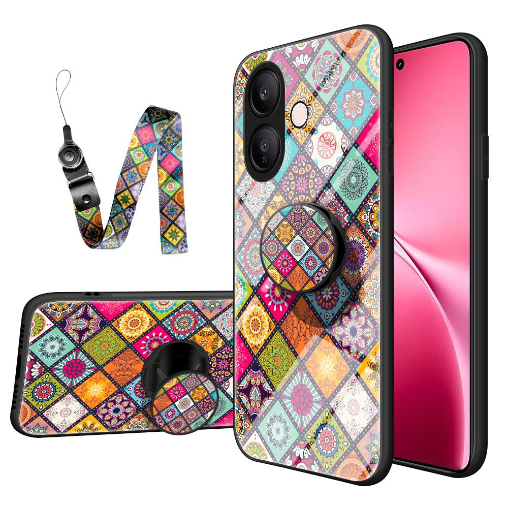 For vivo V60 Lite 5G  /  4G Case Kickstand Ethnic Pattern Tempered Glass Phone Cover with Strap
