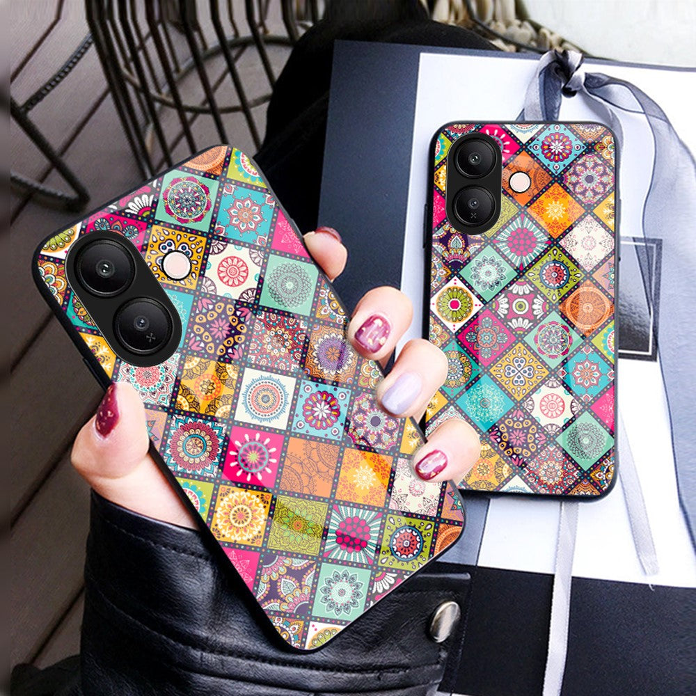 For vivo V60 Lite 5G  /  4G Case Kickstand Ethnic Pattern Tempered Glass Phone Cover with Strap