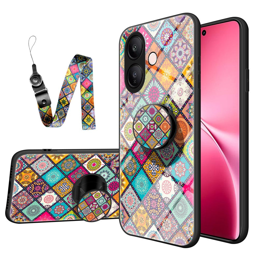 For vivo V60 Lite 5G  /  4G Case Kickstand Ethnic Pattern Tempered Glass Phone Cover with Strap
