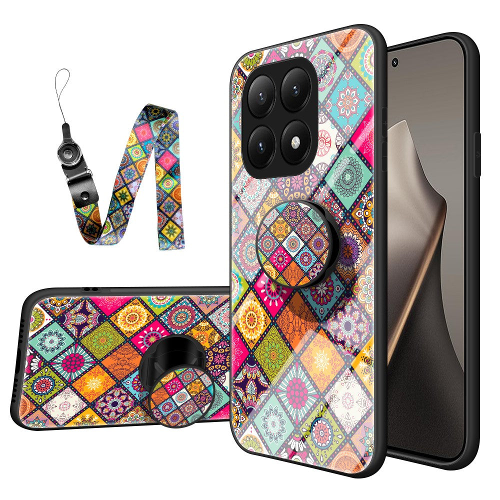 For Xiaomi 15T Case Kickstand Ethnic Pattern Tempered Glass Phone Cover with Strap
