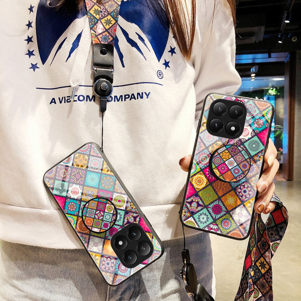 For Xiaomi 15T Case Kickstand Ethnic Pattern Tempered Glass Phone Cover with Strap